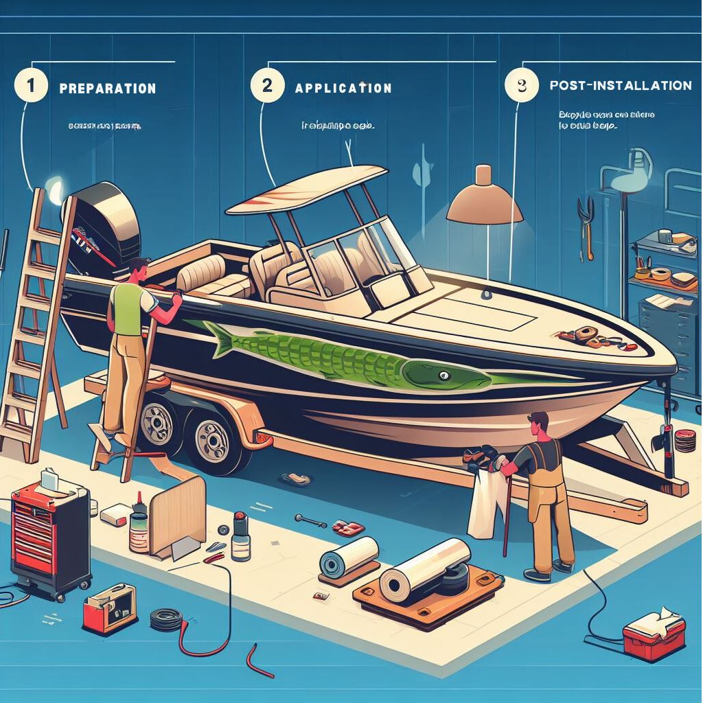 Infographic of process of wrapping bass boat