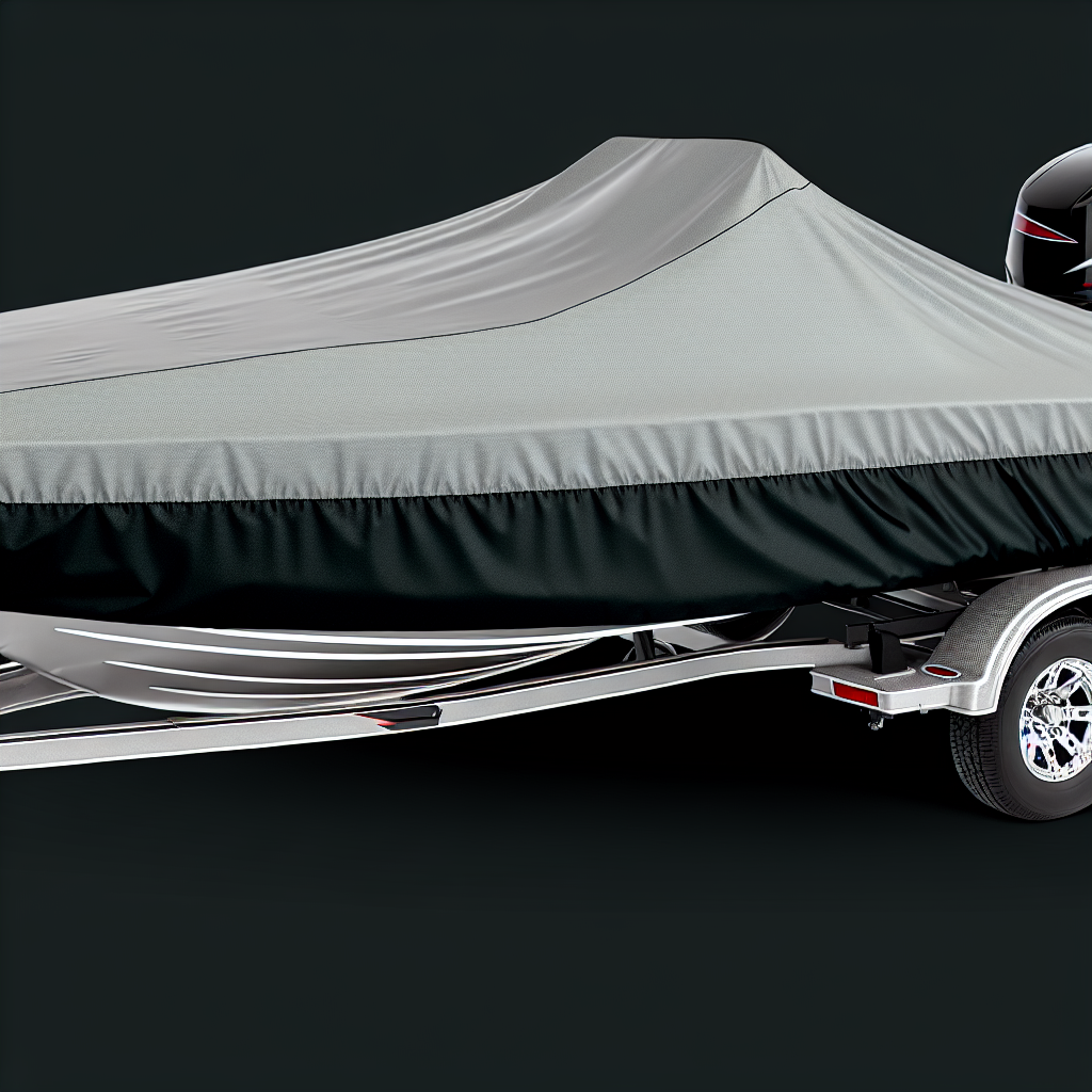 Photo-realistic image of a bass boat covered by a high-quality floor covering demonstrating its protection against harsh weather conditions.