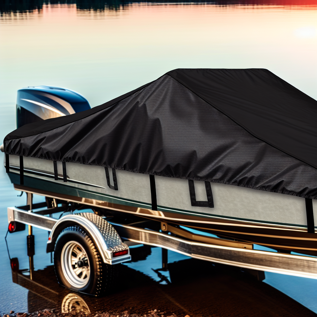 Sturdy bass boat on trailer with protective cover by the sea