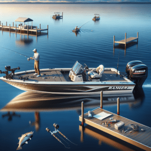1999 ranger bass boat gleaming under soft sunlight floating on deep blue waters casting a fishing line
